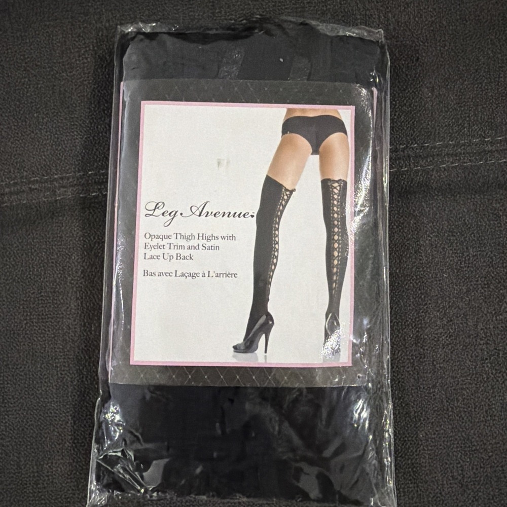 0023 Leg Avenue 6289 Black Opaque Thigh High Stockings Satin Lace Up Back One SZ